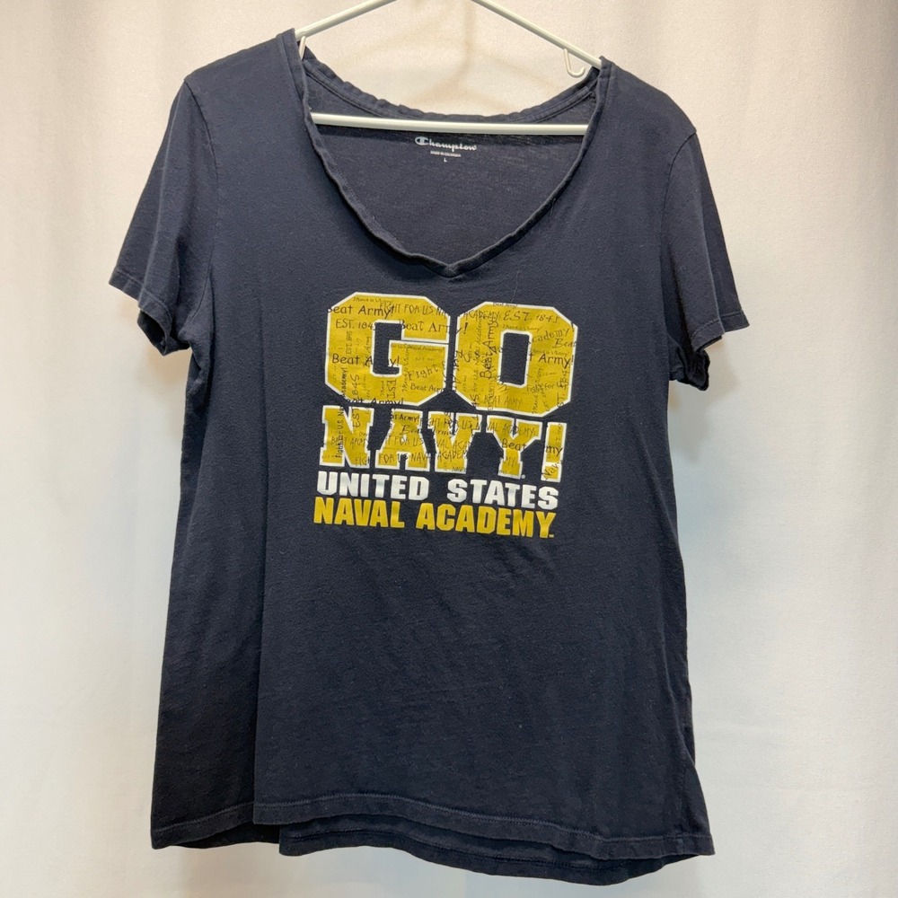 US Naval Academy‎ Go Navy Champion T-Shirt Women Large Navy Blue V-Neck Tee